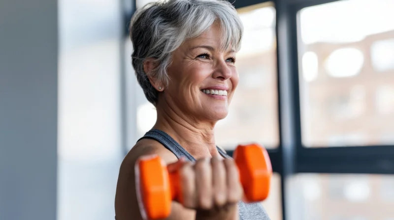 Senior woman smiling while lifting orange dumbbells indoors near a window
