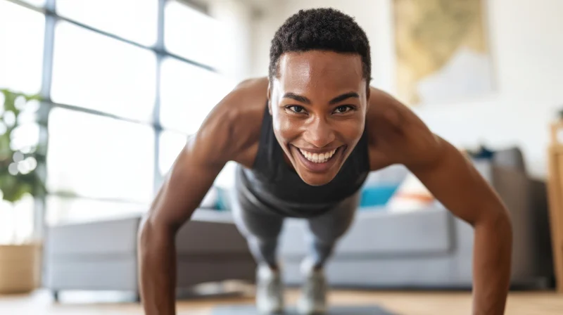 Man doing pushup in living room smiling at camera