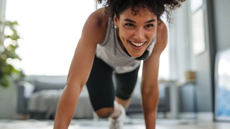 Woman smiling while doing pushups in a living room