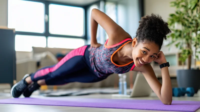 Woman holding plank pose on purple yoga mat in home living room smiling at camera