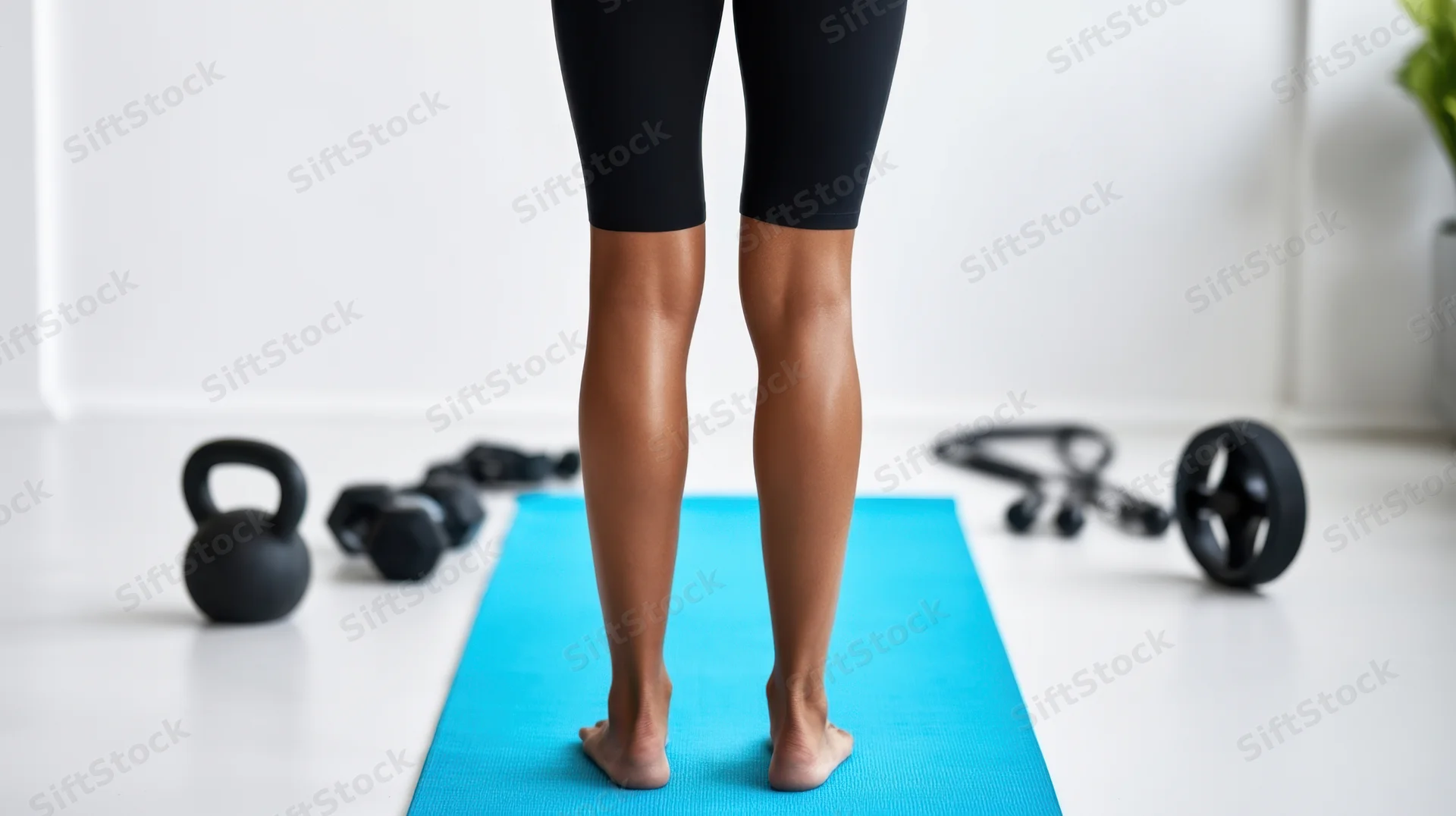 Woman standing barefoot on blue yoga mat with fitness equipment around in home gym