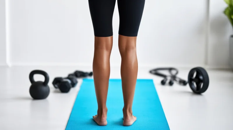 Woman standing barefoot on blue yoga mat with fitness equipment around in home gym