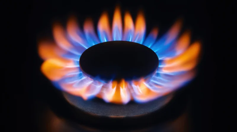 Close-up of a gas stove burner with blue and orange flames ignited in a dark kitchen setting