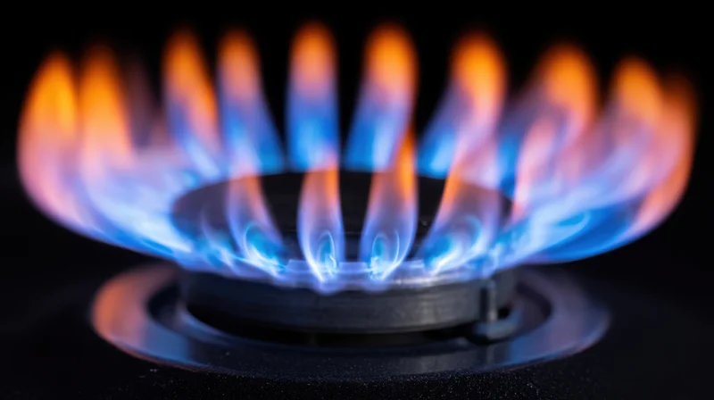 Blue and orange flame burning on a gas stove burner in a dark kitchen setting