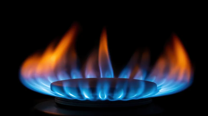 Blue and orange flame burning from a gas stove burner against a dark background
