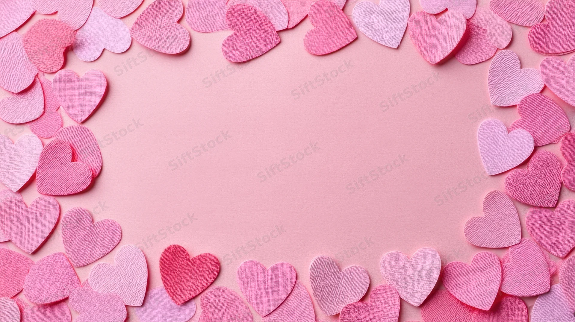 Pink paper hearts arranged in a frame around a blank center on a flat surface