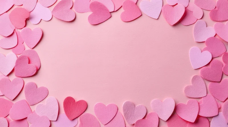 Pink paper hearts arranged in a frame around a blank center on a flat surface