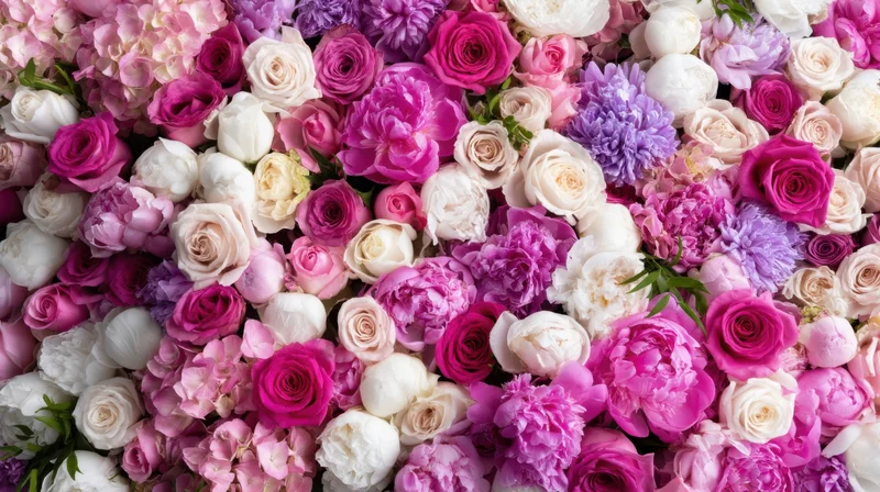 Dense floral arrangement of pink, purple and white roses, peonies and hydrangeas forming a decorative wall with copyspace on the right