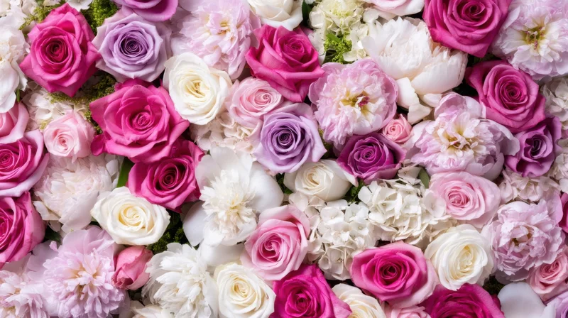 Dense floral arrangement of pink white and purple roses and peonies forming a decorative wall