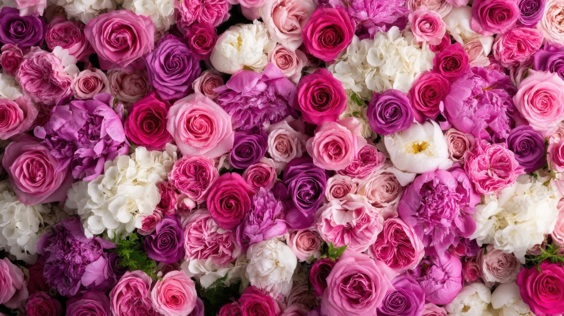 Dense floral arrangement of pink, purple and white roses and peonies filling the frame