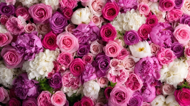 Dense floral arrangement of pink, purple and white roses and peonies filling the frame