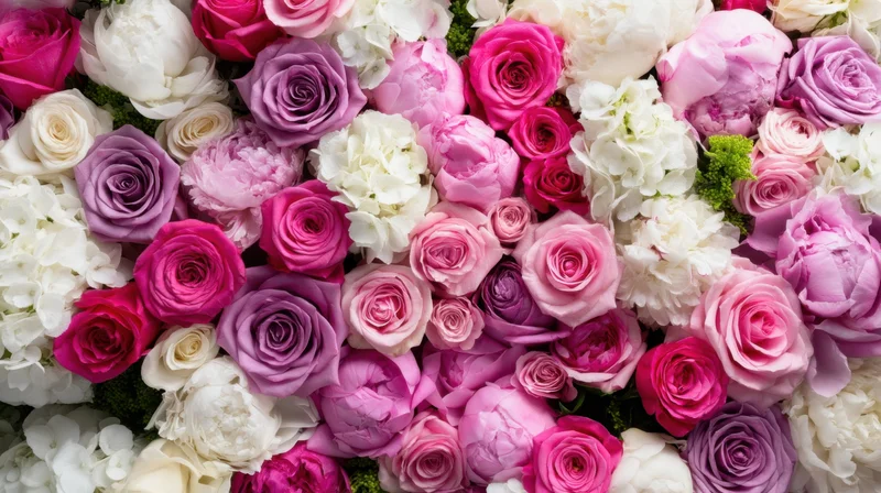 Dense floral arrangement of pink, purple, and white roses, peonies, and hydrangeas filling the frame