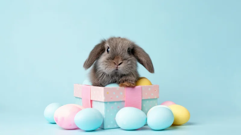 Fluffy brown rabbit sitting in a pastel gift box surrounded by colorful easter eggs on a light blue background