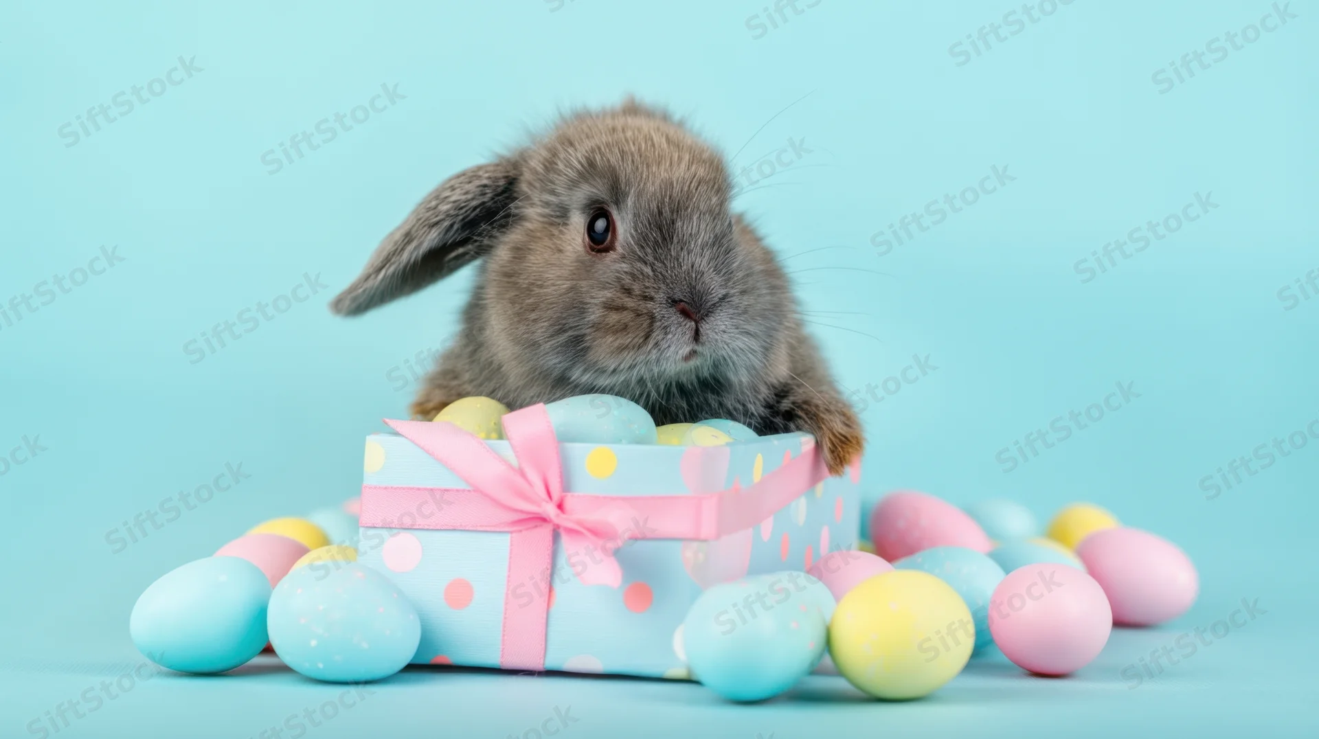 Fluffy rabbit peeking from a polka-dotted gift box surrounded by pastel eggs on a light blue background