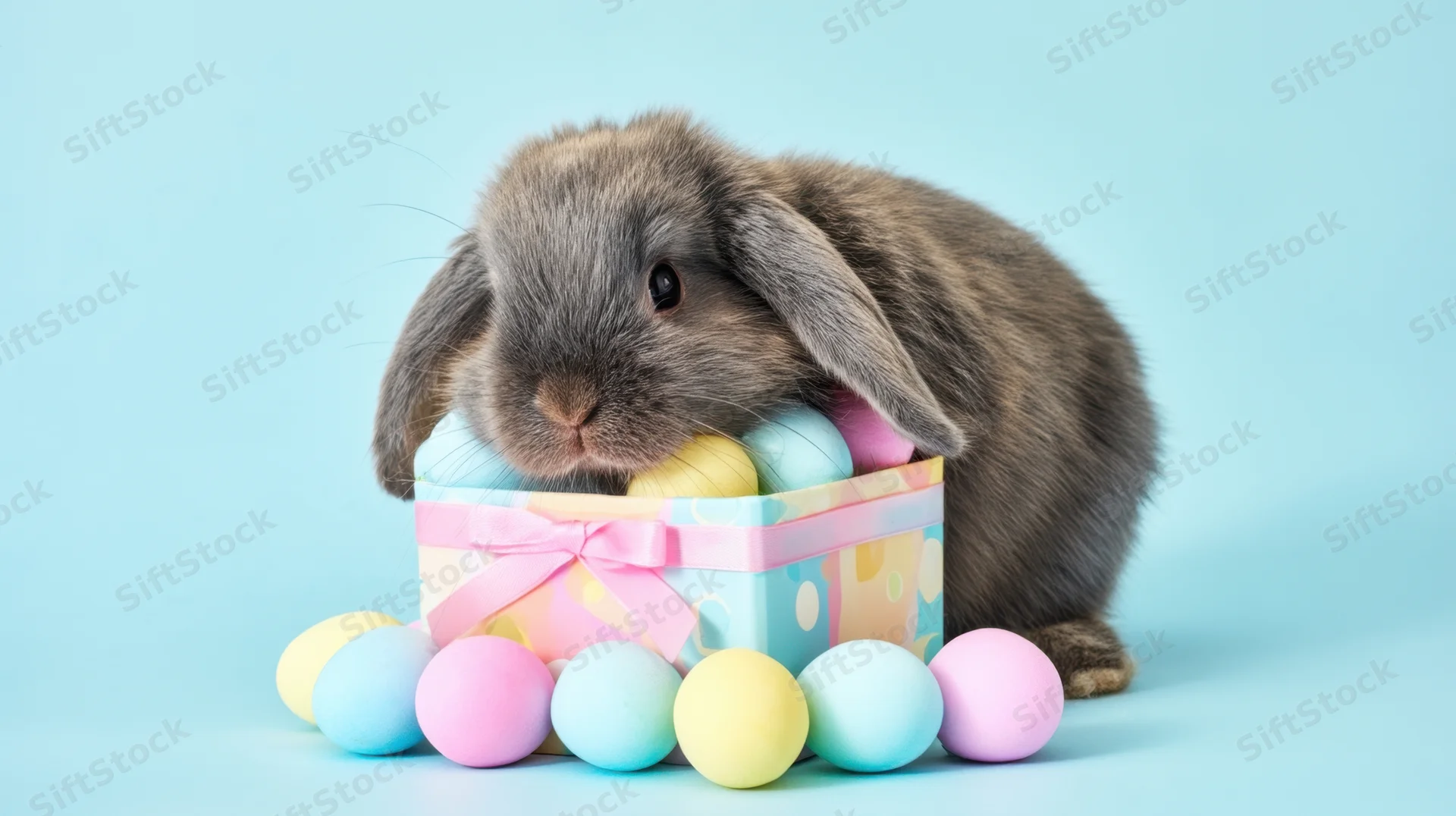 Gray fluffy rabbit sitting in a pastel gift box filled with colorful eggs on a light blue background