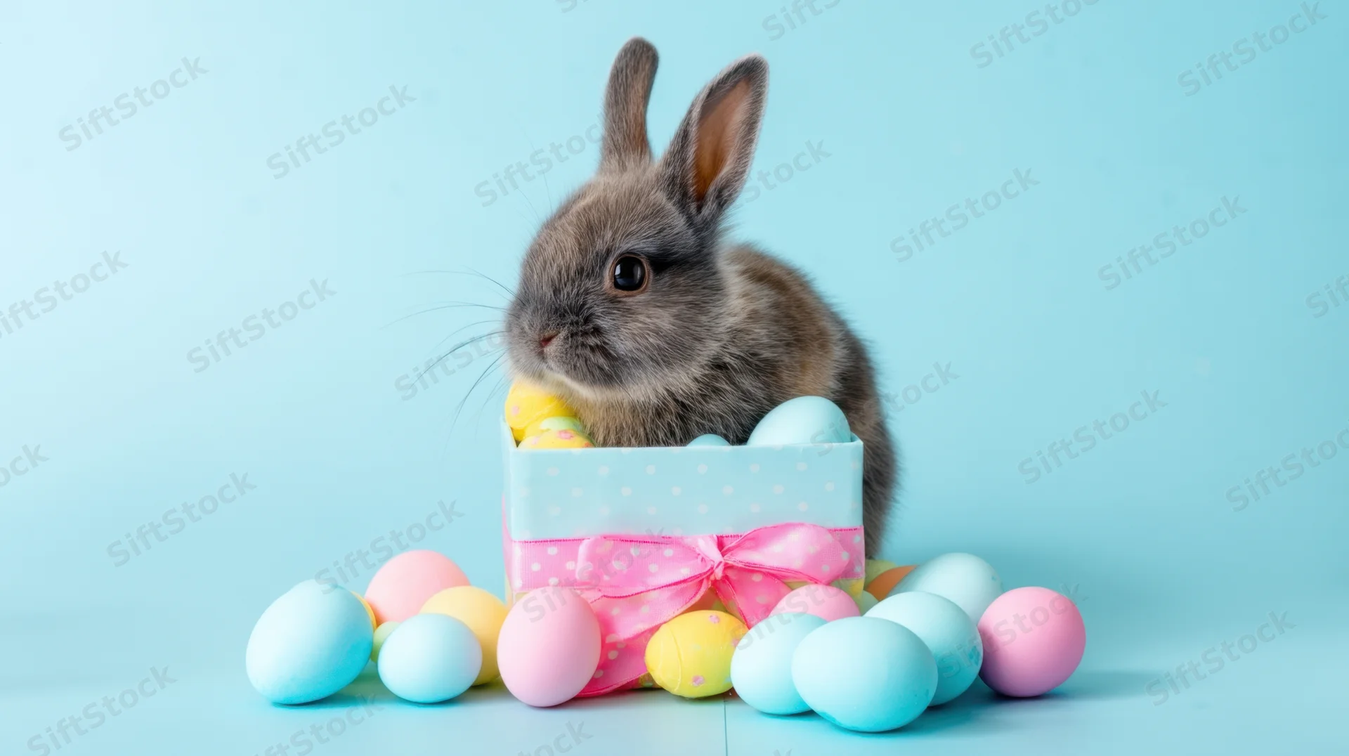 Gray rabbit sitting in a gift box filled with colorful easter eggs on a light blue background