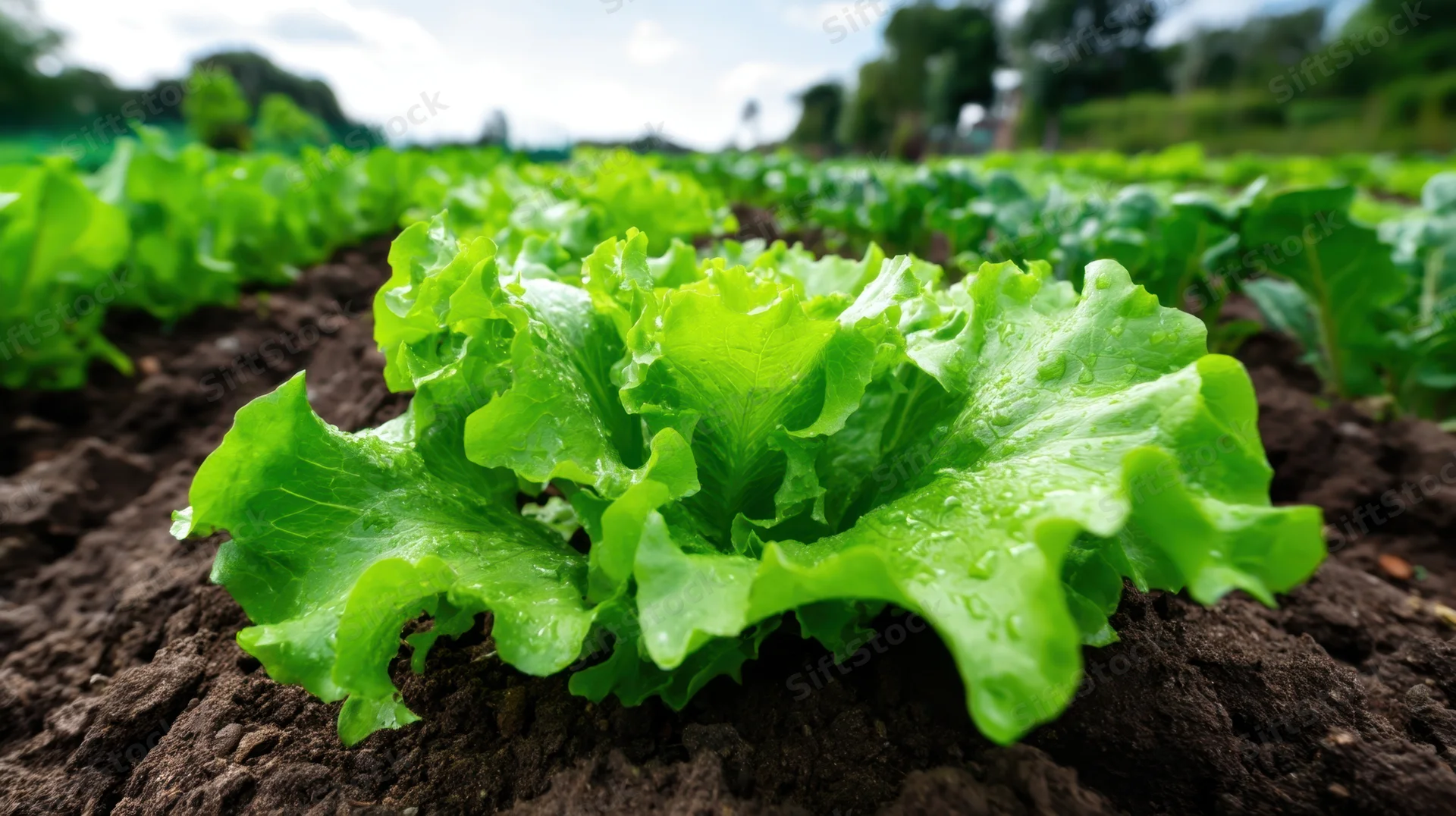 Fresh lettuce growing in rows in a farm field