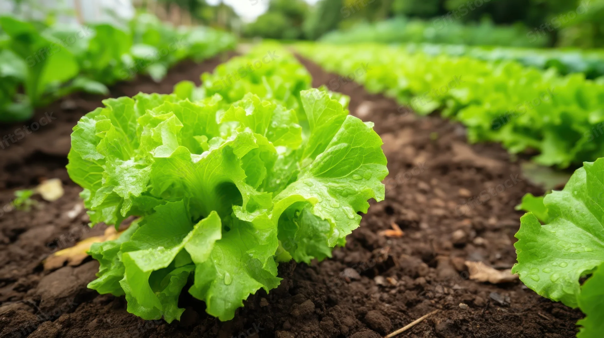 Rows of fresh green lettuce growing in dark soil in a garden field