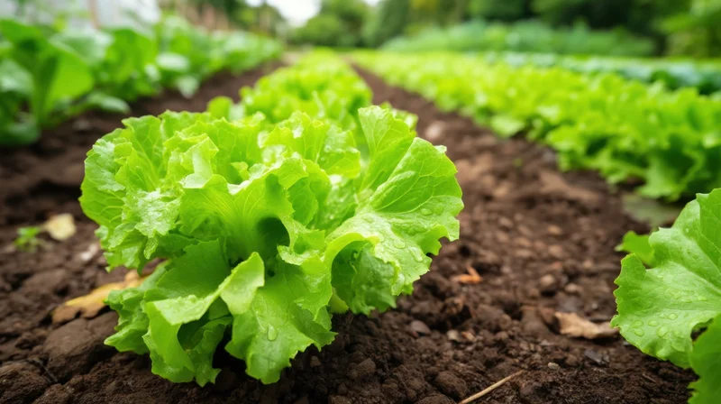 Rows of fresh green lettuce growing in dark soil in a garden field
