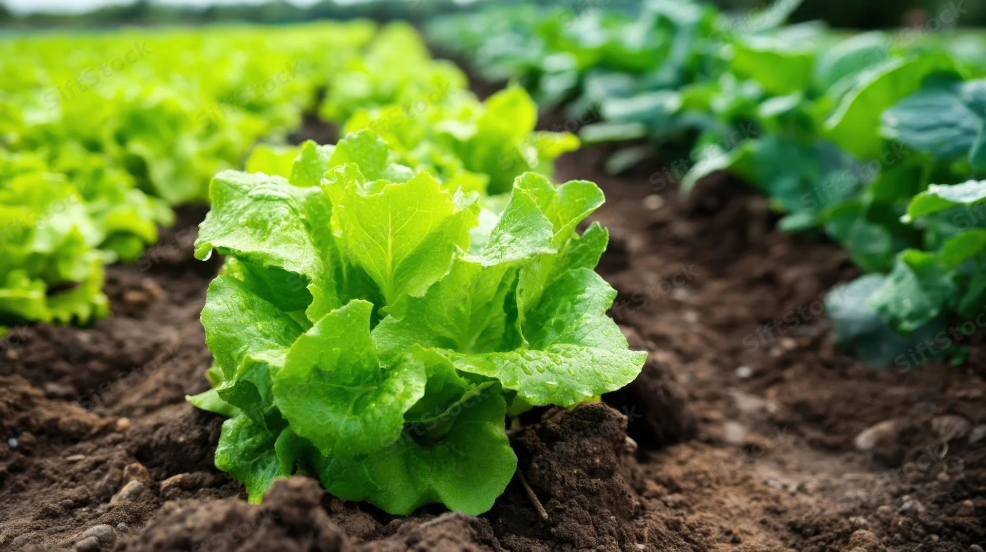 Fresh lettuce growing in rows in a garden field