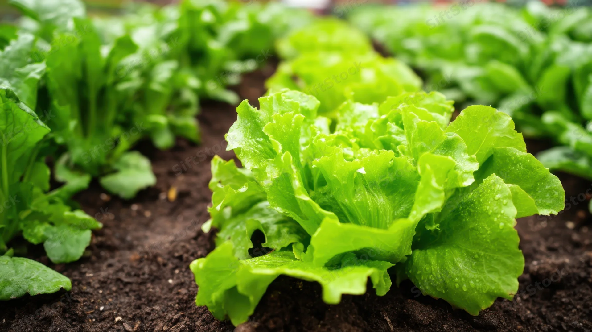 Fresh lettuce growing in rows in garden soil