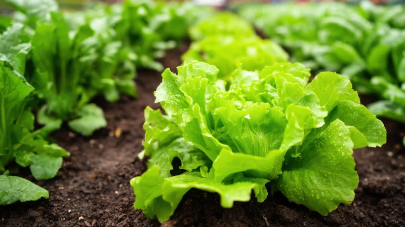 Fresh lettuce growing in rows in garden soil