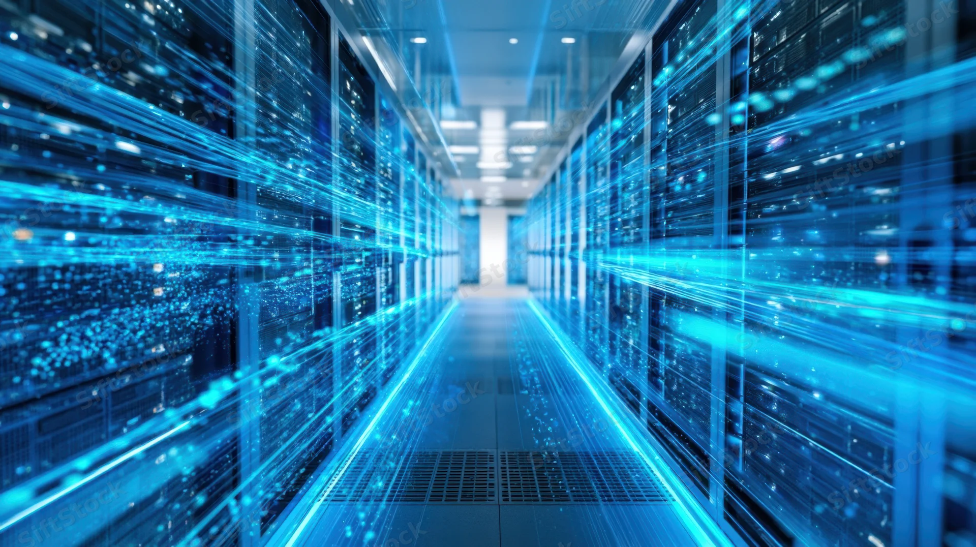Long hallway between rows of server racks in a datacenter with blue light trails flowing through the space