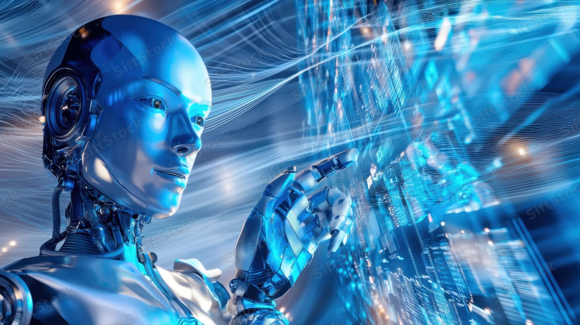 Robot interacting with digital interface in futuristic environment