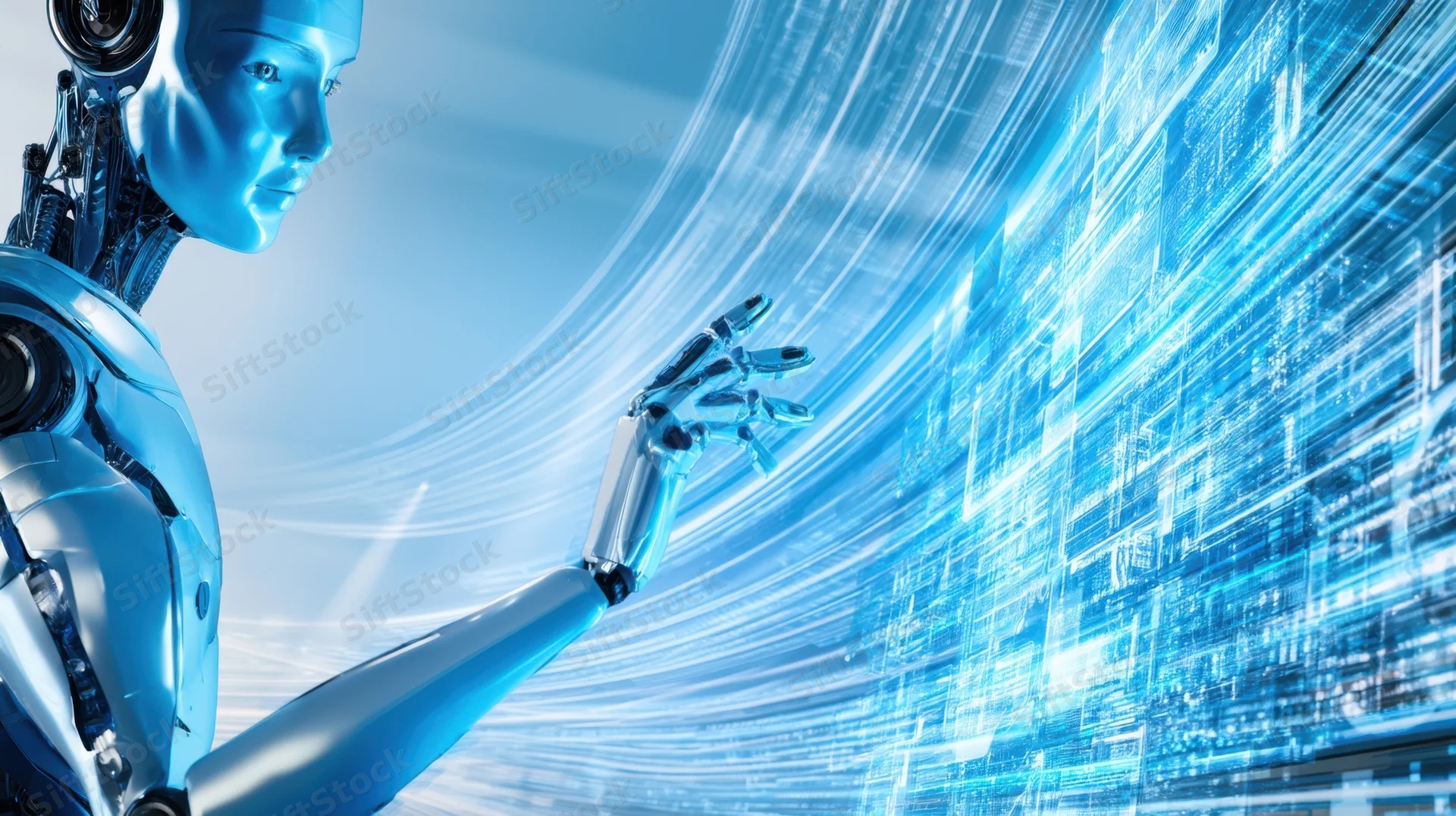 Robot interacting with digital data stream in futuristic environment