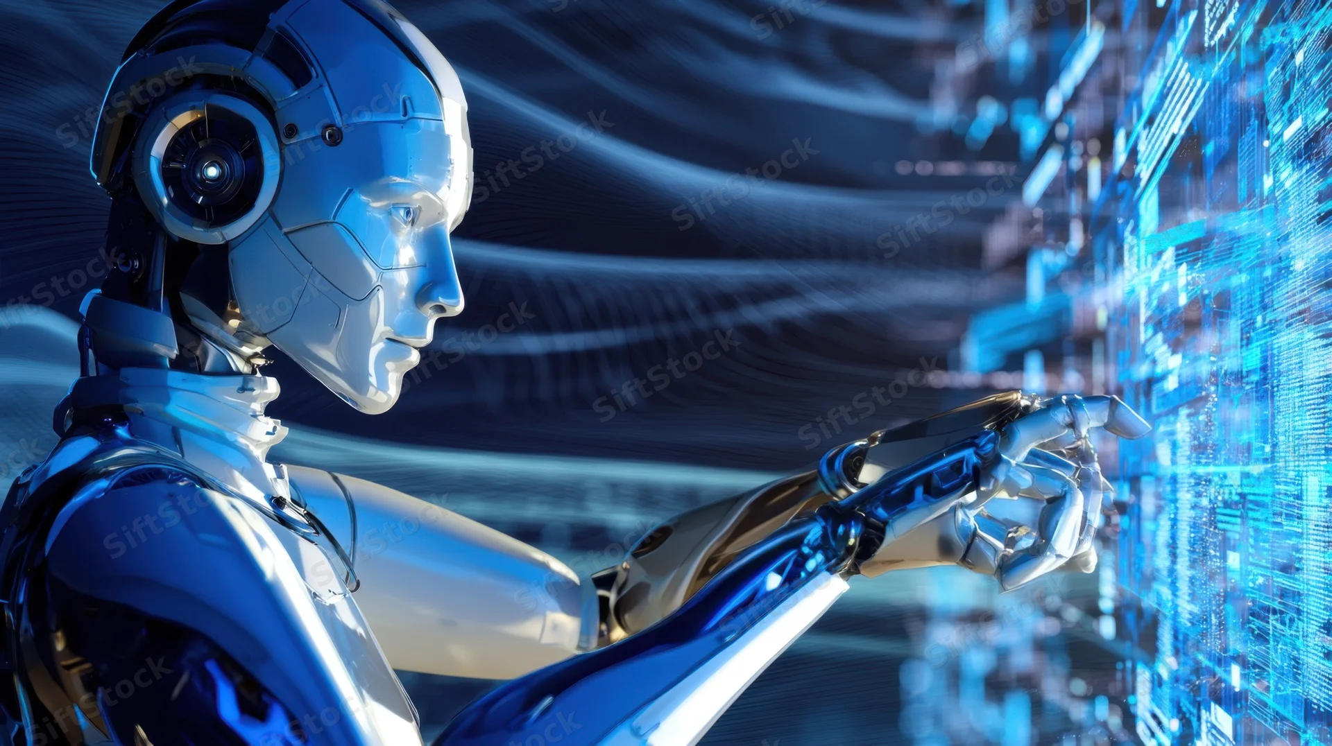 Humanoid robot interacting with a glowing digital interface in a futuristic setting