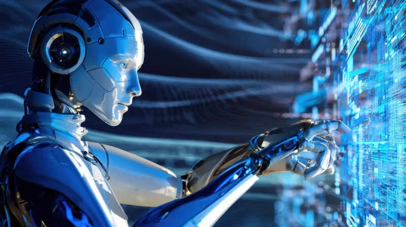 Humanoid robot interacting with a glowing digital interface in a futuristic setting