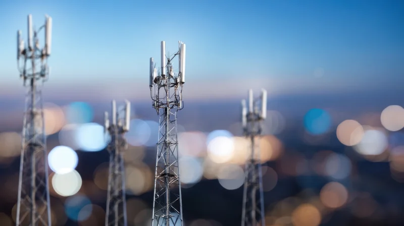 Communication towers with antennas against a blurred city skyline at night