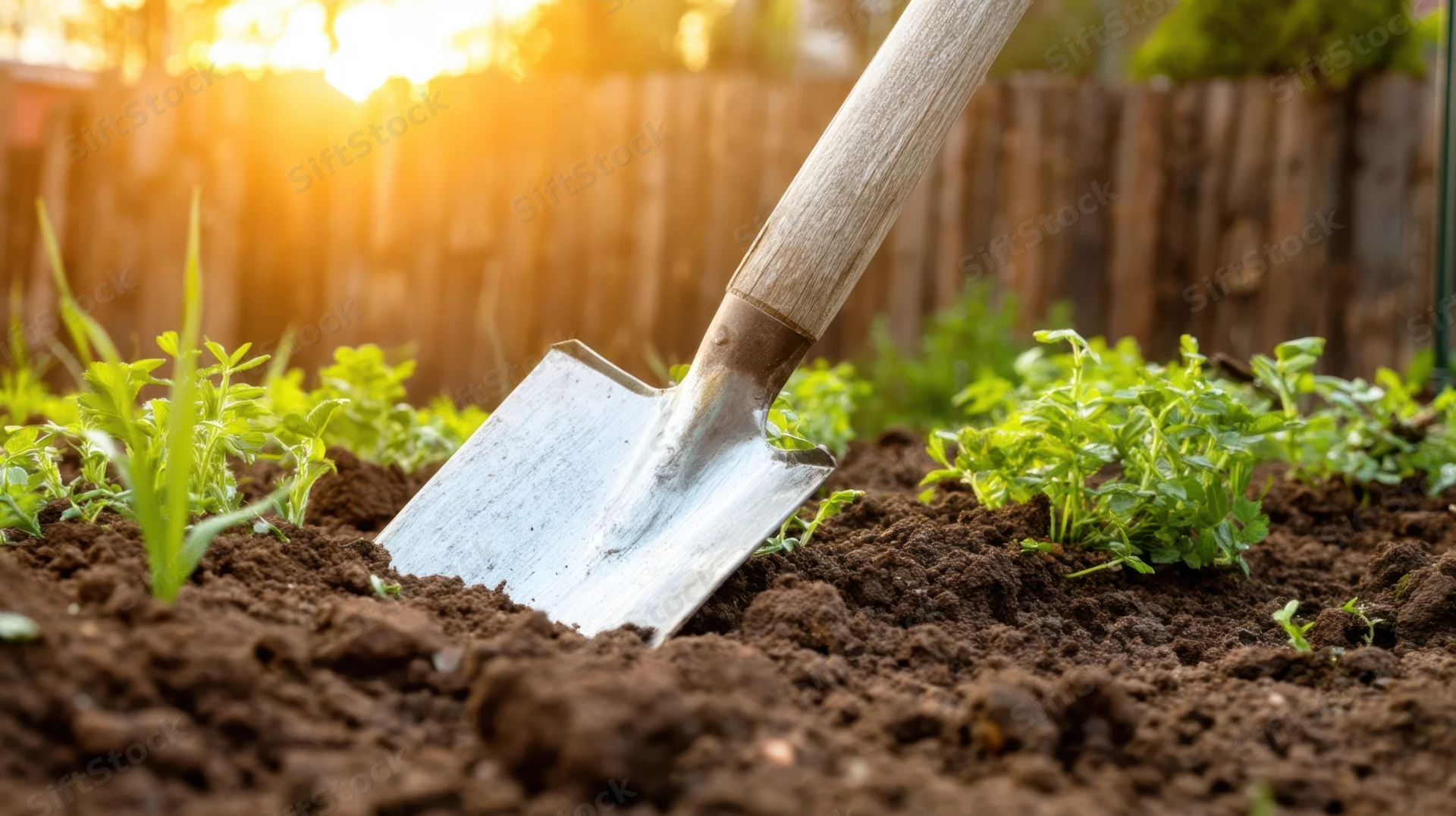 Garden spade stuck in soil among green seedlings in a backyard garden at sunset