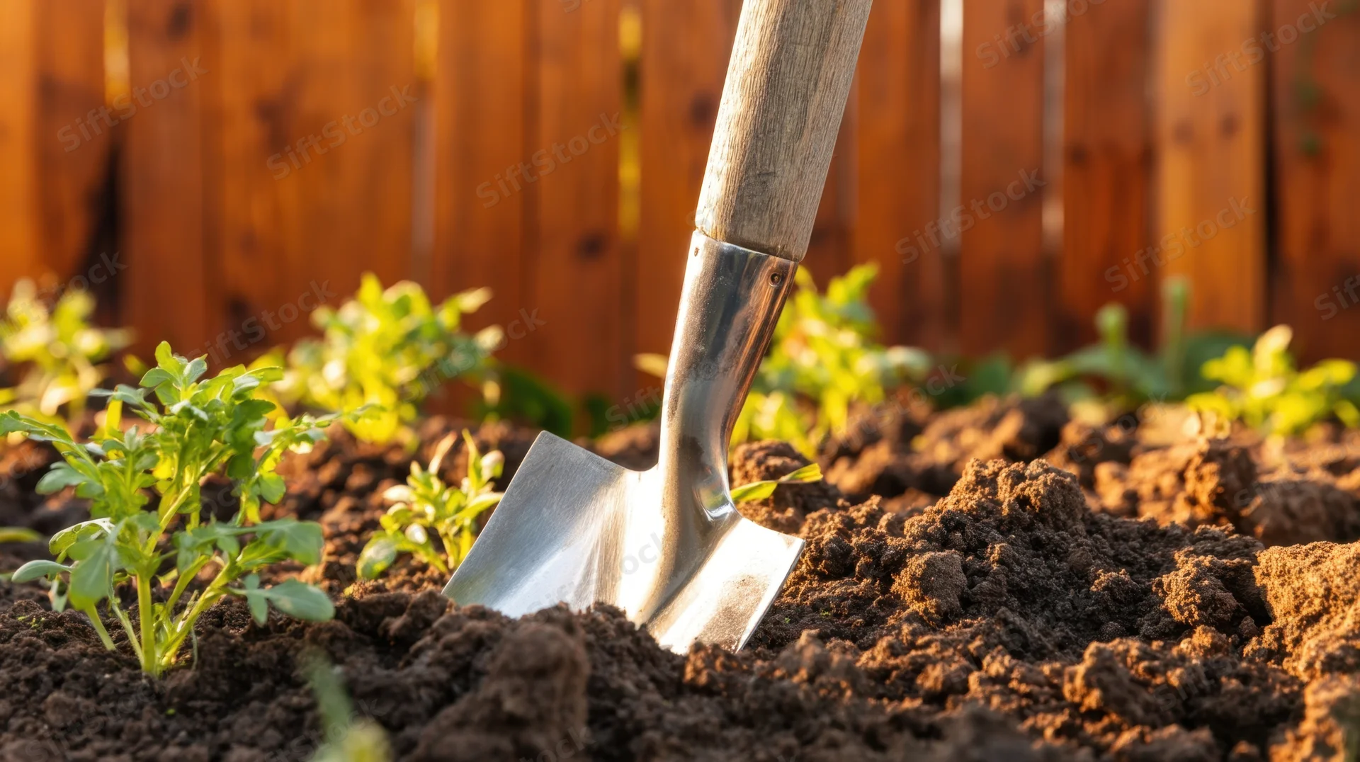 Garden spade in soil with young plants near wooden fence