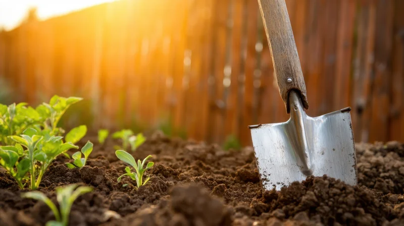 Garden spade stuck in tilled soil beside young seedlings near wooden fence at sunset