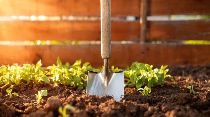 Garden spade stuck in soil among young seedlings in a raised wooden garden bed