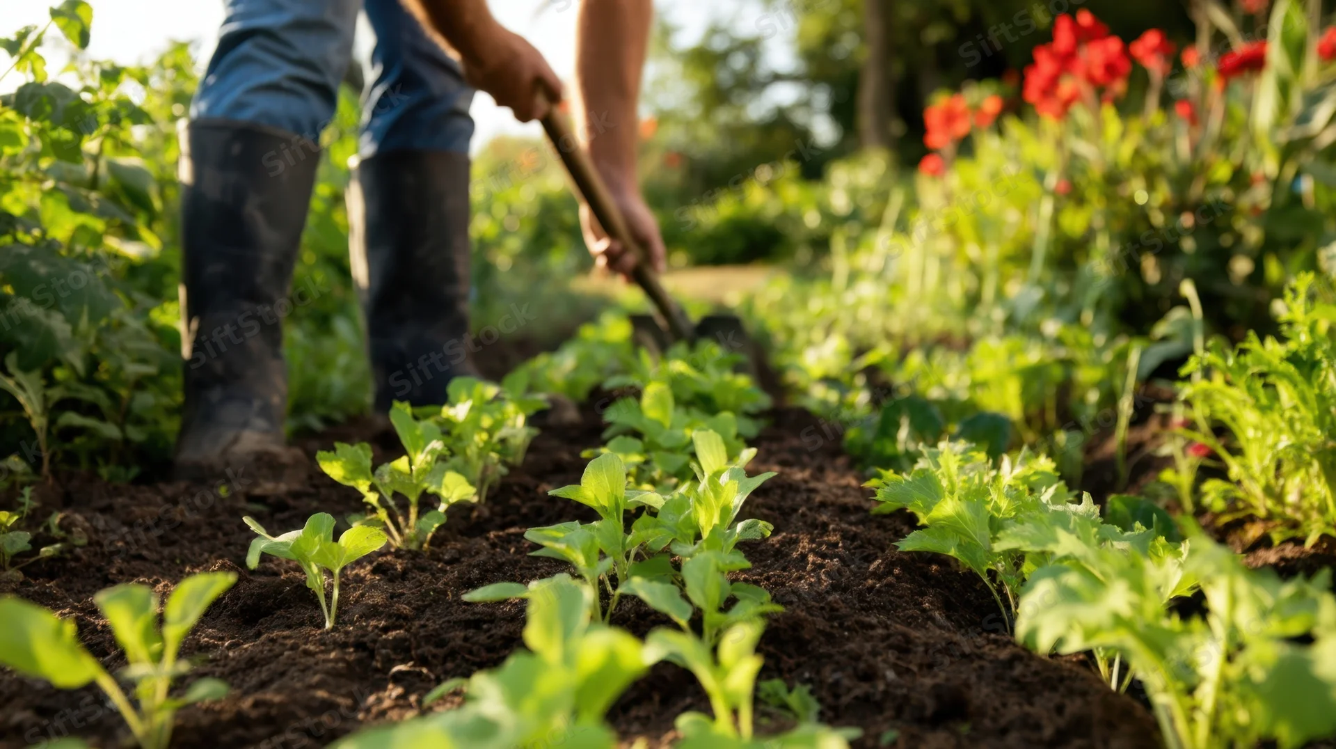 Gardener tilling soil among rows of young green plants in a garden