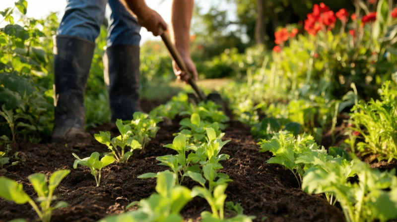 Gardener tilling soil among rows of young green plants in a garden