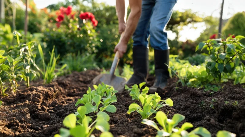 Gardener tilling soil with shovel among young lettuce plants in garden