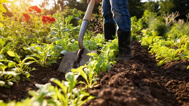 Gardener digging soil in a vegetable garden with shovel and rows of green plants