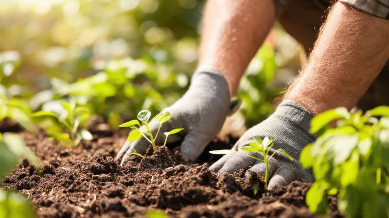 Hands in soil planting small green seedlings in a garden