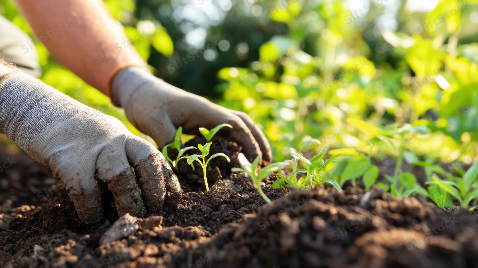 Hands planting seedlings in soil outdoors