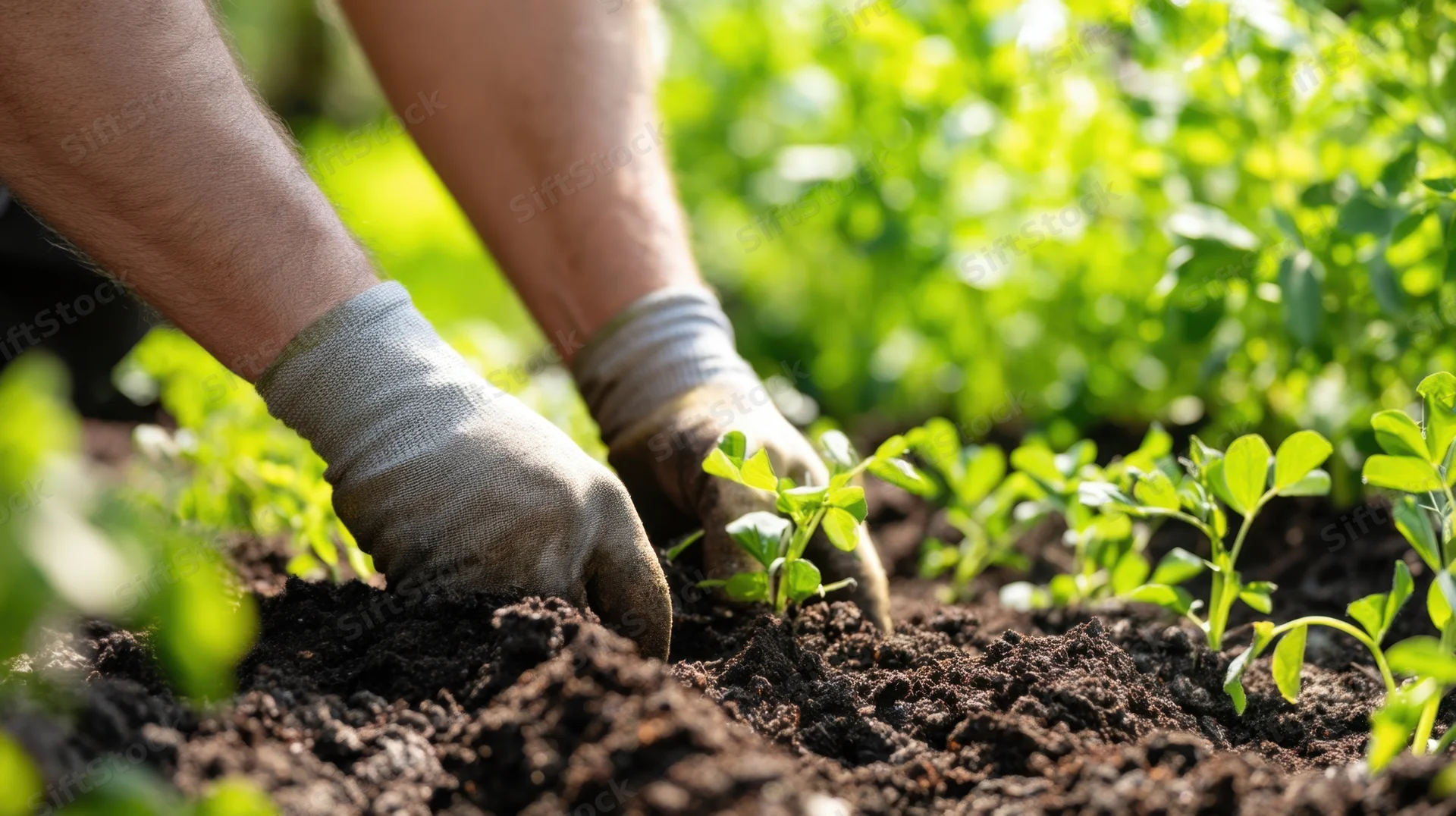 Hands wearing gloves planting seedlings in soil outdoors