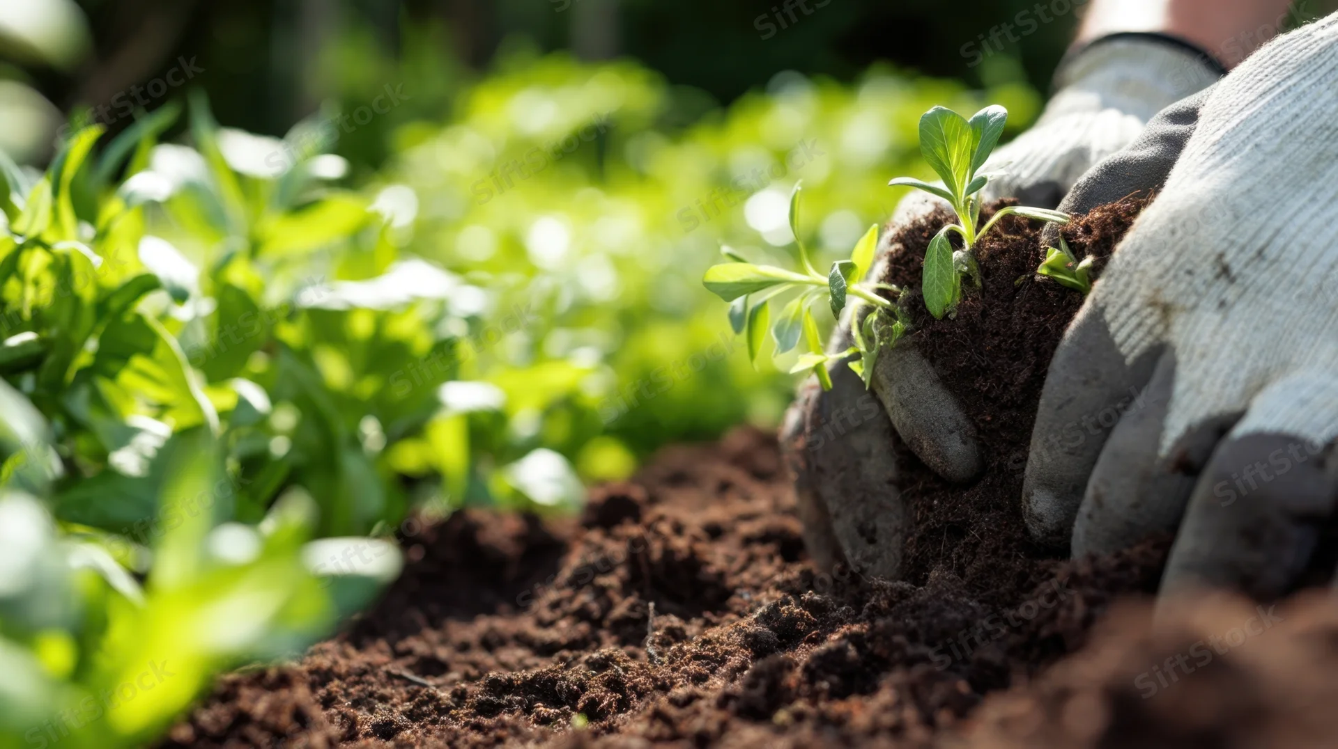 Hands in gloves planting a seedling in soil in a garden