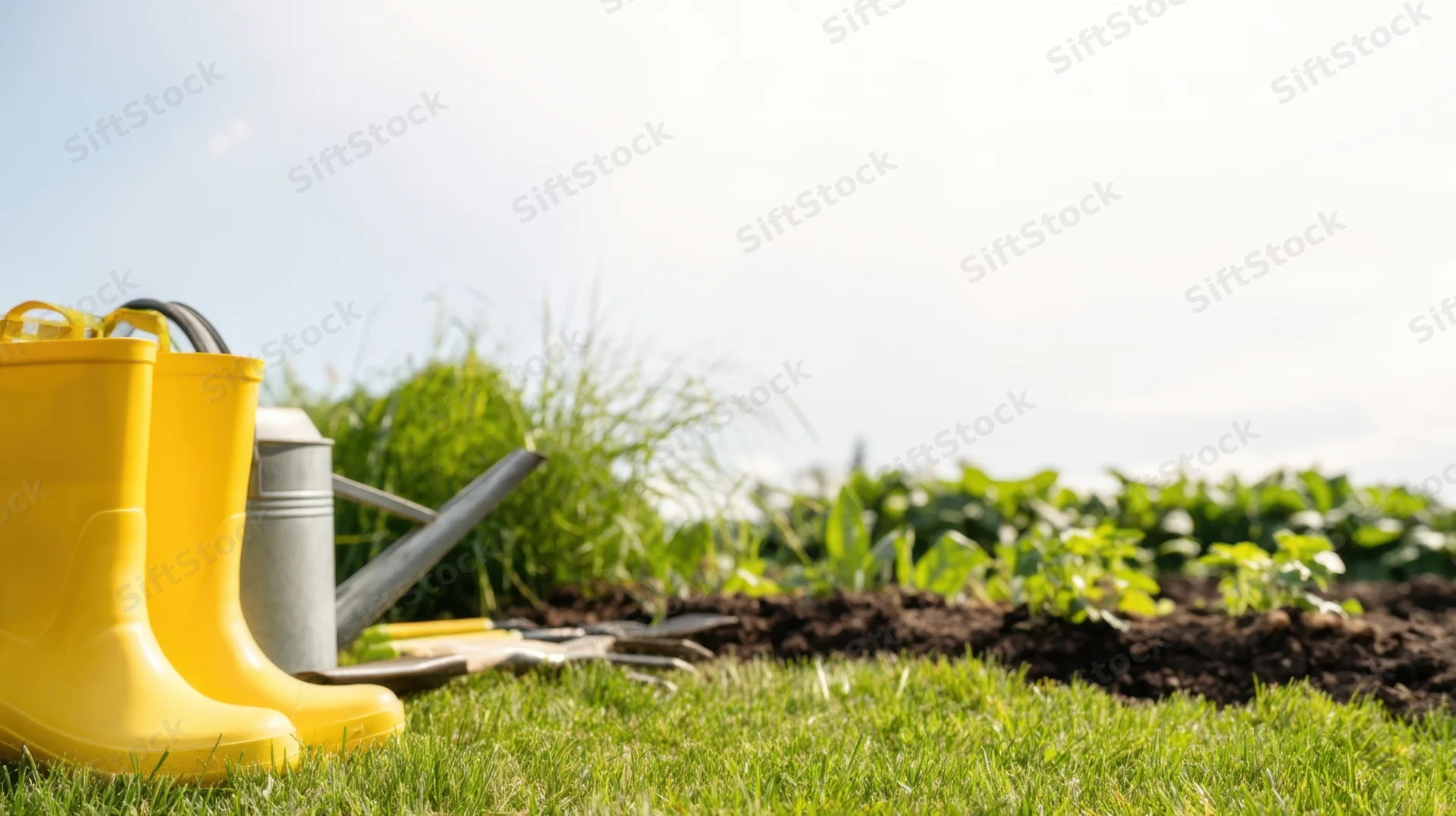 Yellow rubber boots and gardening tools on grass beside a vegetable garden plot