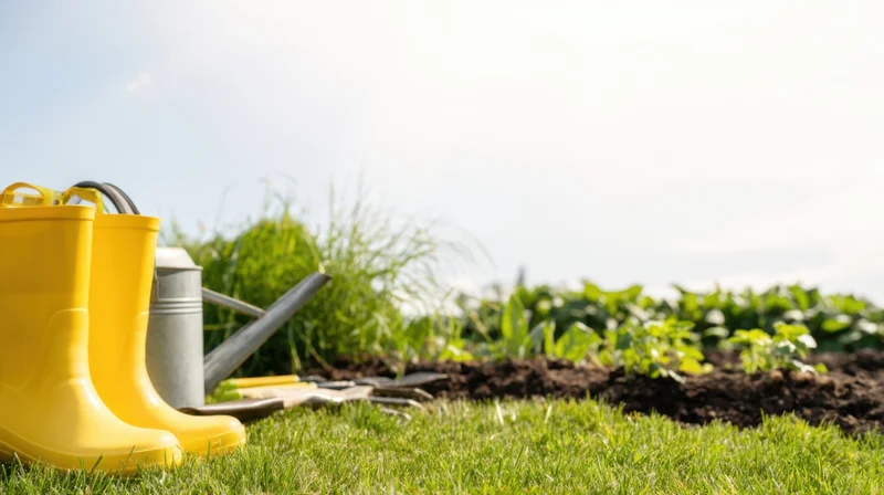 Yellow rubber boots and gardening tools on grass beside a vegetable garden plot