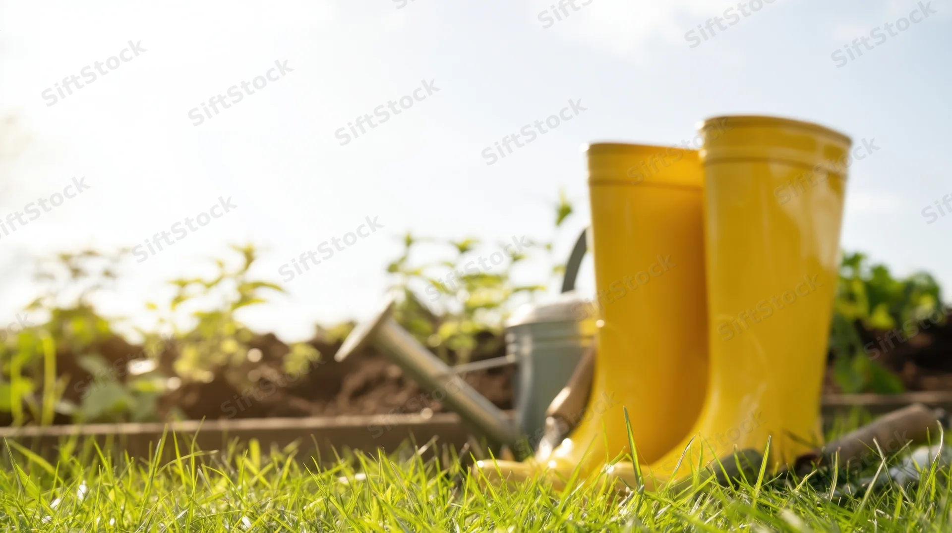 Yellow rubber boots and gardening tools on grass near a raised garden bed in sunlight