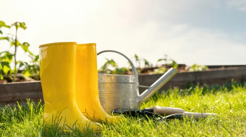 Yellow rubber boots and gardening tools resting on green grass beside a raised garden bed