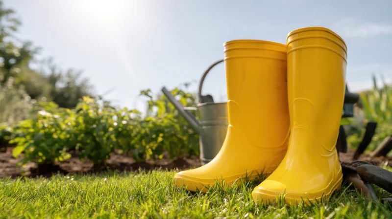 Yellow rubber boots on green grass in a garden with gardening tools and plants in sunlight
