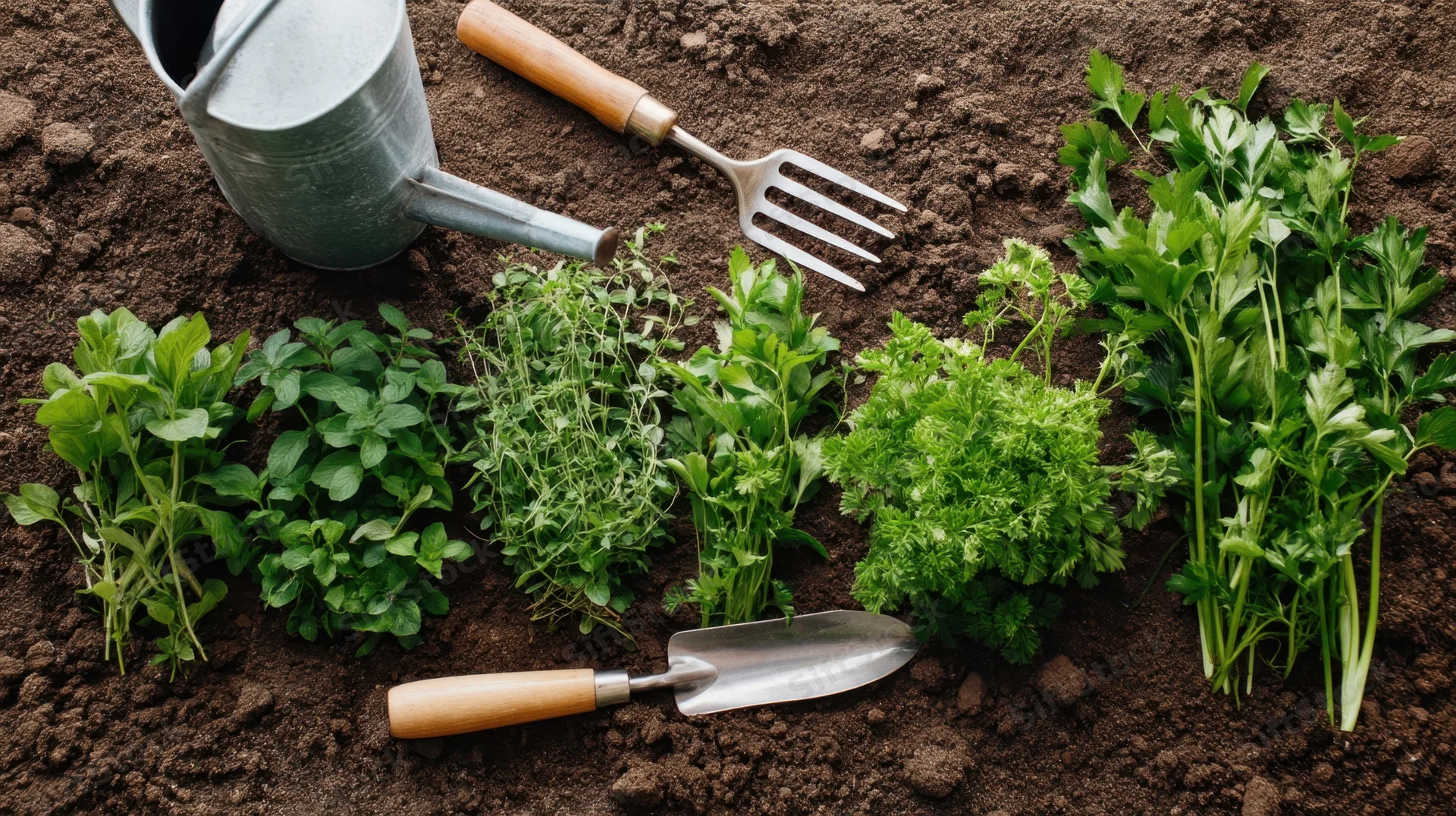 Fresh herbs arranged in soil with gardening tools around them